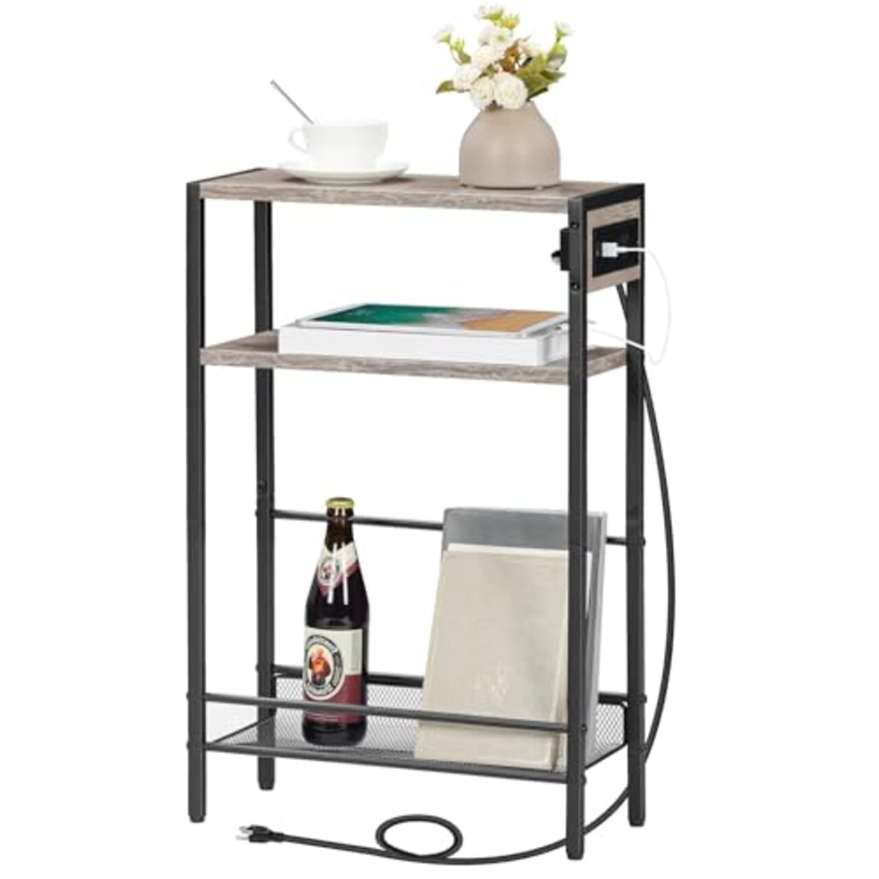 Narrow Bedside Table Charging Station 3 Tier Slim Side Table Greige